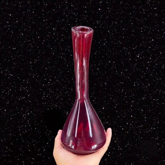 Hand Blown Art Glass Vase Ruby Red Clear Handle Hand Made Vintage Glass Jug - Picture 4 of 15